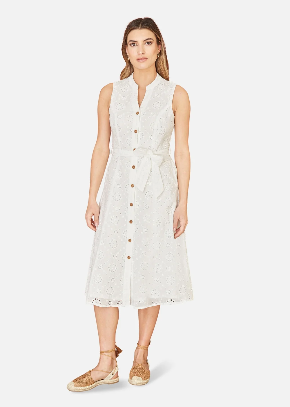Yumi White Flower Broderie Anglaise Cotton Shirt Dress - 12 Image 1