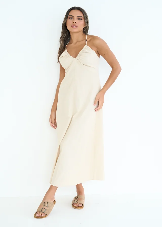 Urban Bliss Beige Linen Blend Beaded Maxi Dress