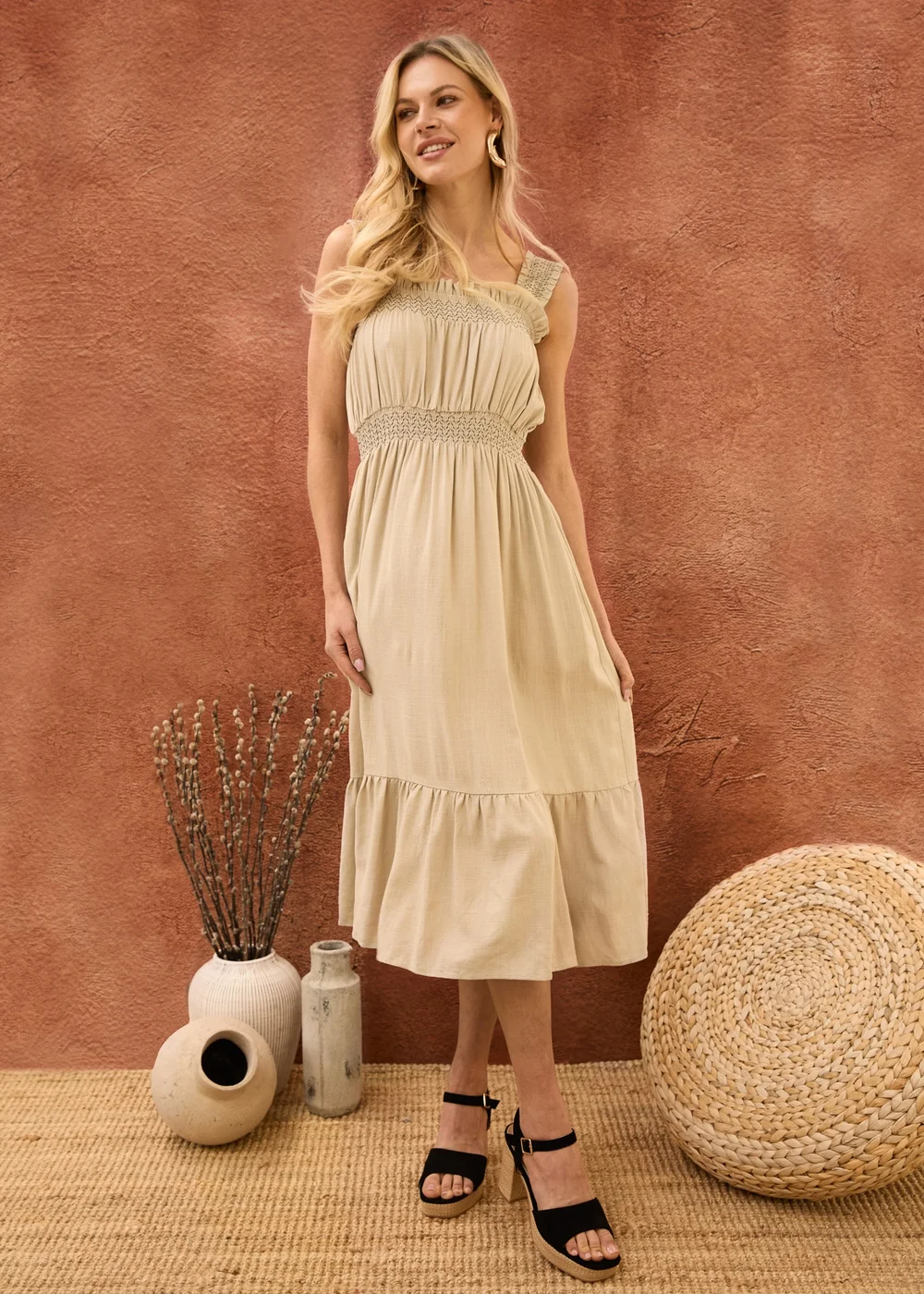 Blue Vanilla Stone Shirred Detail Midi Dress - M Image 1