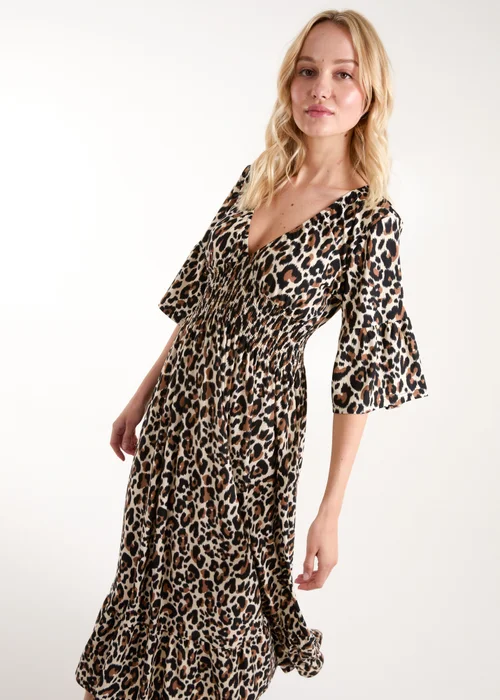 Blue Vanilla Cream Leopard Print Elasticated Neck Shirred Waist Midi Dress - S Image 4