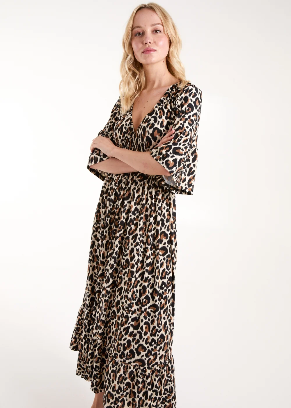 Blue Vanilla Cream Leopard Print Elasticated Neck Shirred Waist Midi Dress - S Image 5