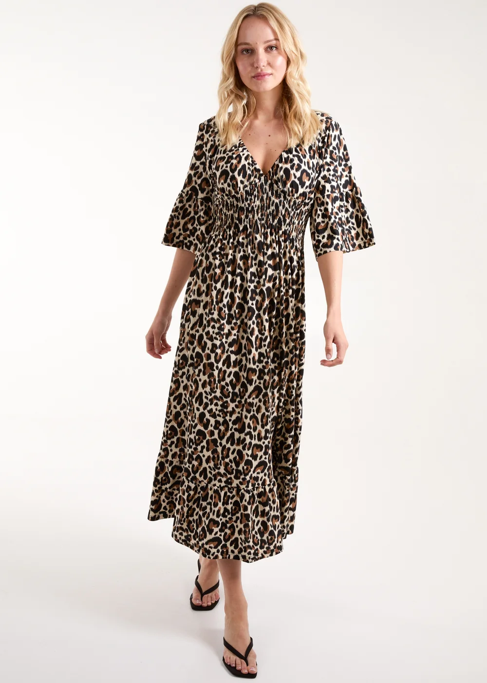 Blue Vanilla Cream Leopard Print Elasticated Neck Shirred Waist Midi Dress - S Image 1