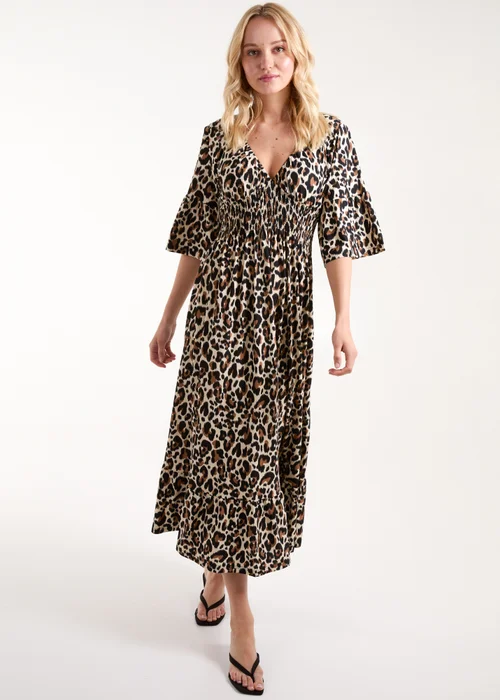 Blue Vanilla Cream Leopard Print Elasticated Neck Shirred Waist Midi Dress - S Image 1