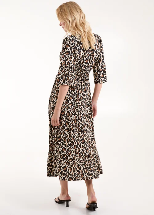 Blue Vanilla Cream Leopard Print Elasticated Neck Shirred Waist Midi Dress - S Image 2