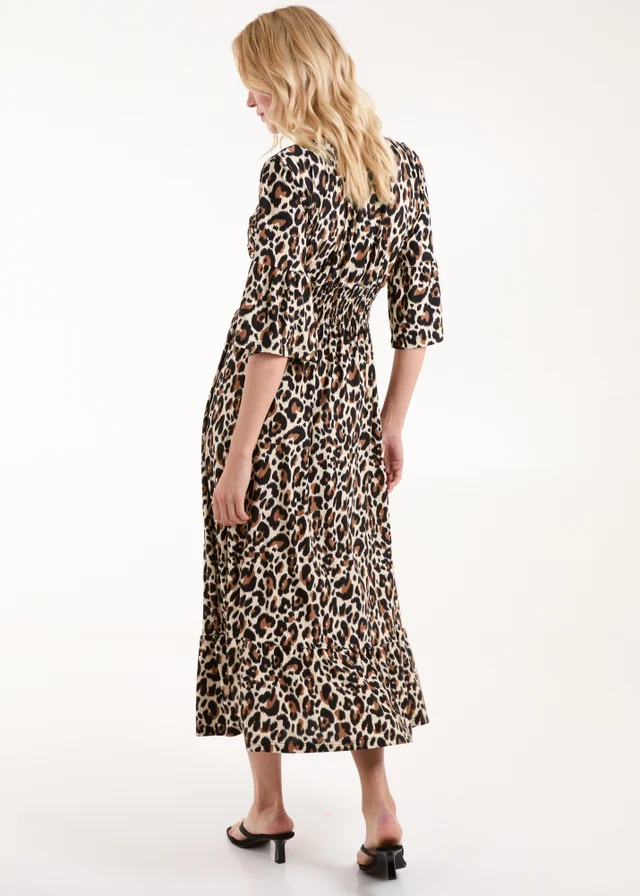 Blue Vanilla Cream Leopard Print Elasticated Neck Shirred Waist Midi Dress