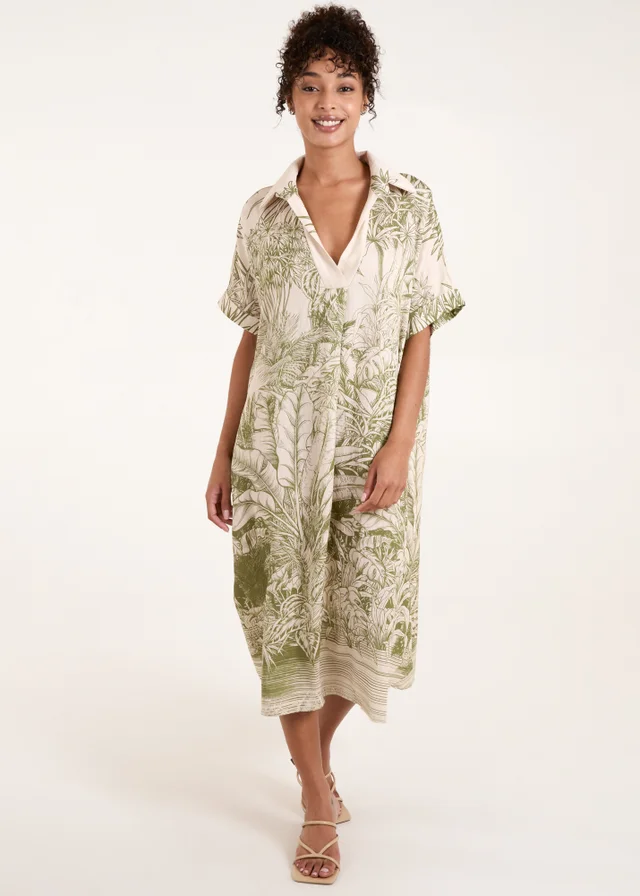 Blue Vanilla Khaki Palm Leaf Open Collar Dress