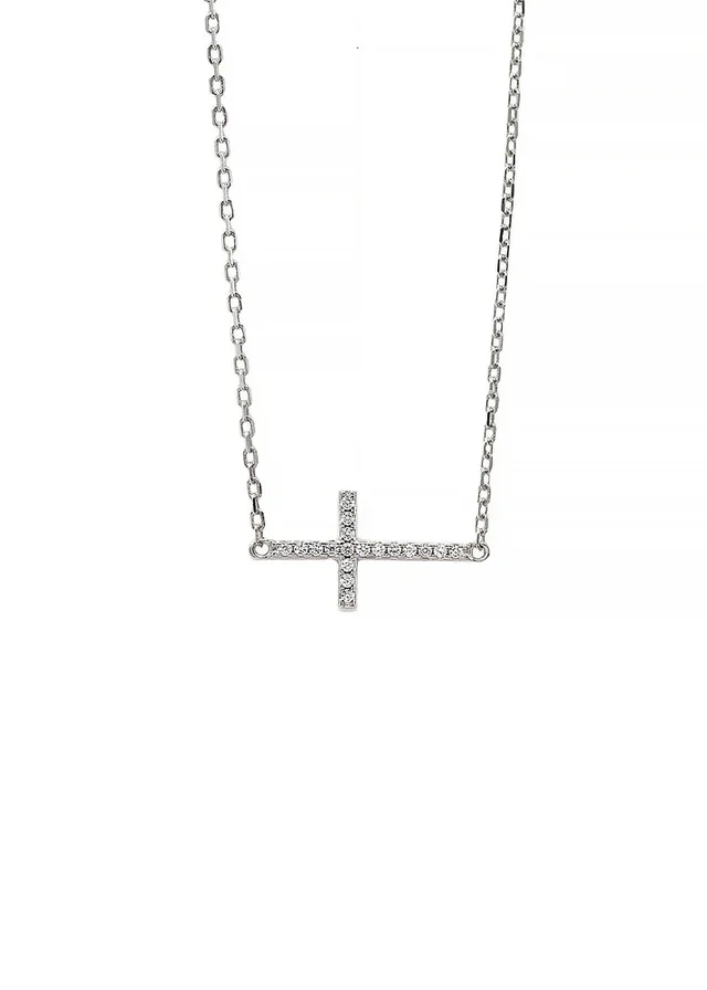 Say It With Silver Dainty Side Cross Necklace With CZ Stones