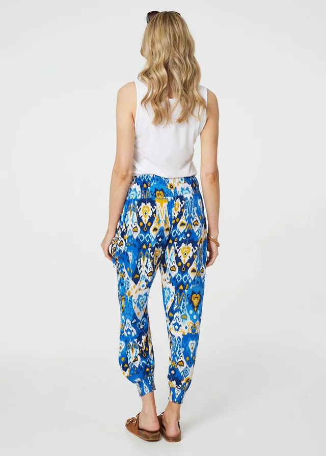 Izabel London Blue Printed High Waist Tapered Harem Pants