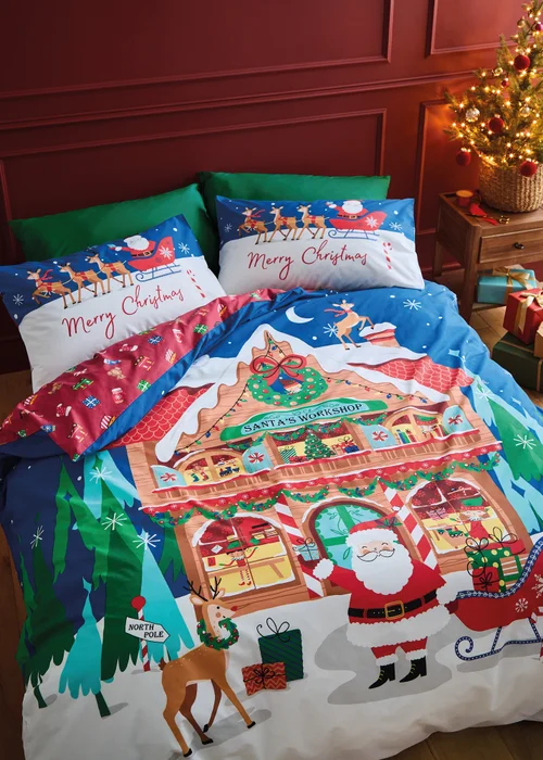 Catherine Lansfield Christmas Santa's Workshop Reversible Duvet Cover Set - Single Image 1