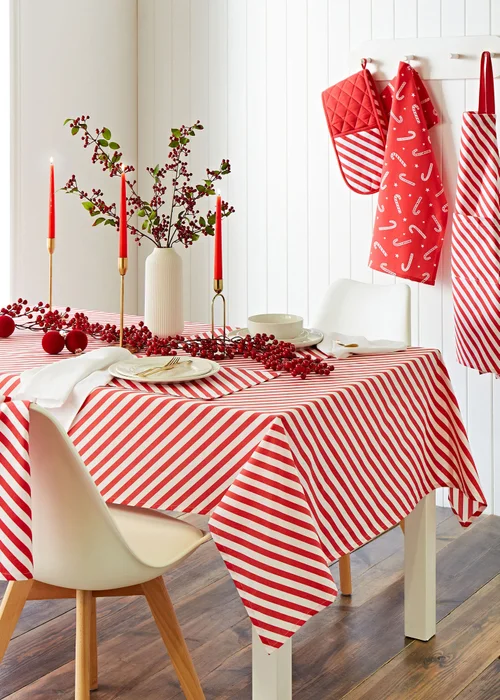 Catherine Lansfield Christmas Candy Cane Cotton Table Cloth - 137 x 178cm Image 1