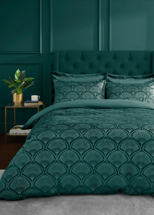 Catherine Lansfield Art Deco Pearl Duvet Cover Set Teal Green - Double Image 1