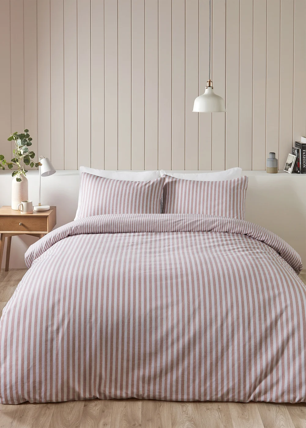 Catherine Lansfield Brushed Stripe Cotton Reversible Duvet Cover Set Blush Pink - Single Image 1