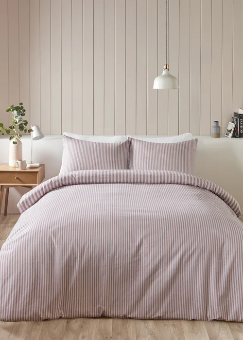 Catherine Lansfield Brushed Stripe Cotton Reversible Duvet Cover Set Blush Pink - Single Image 2