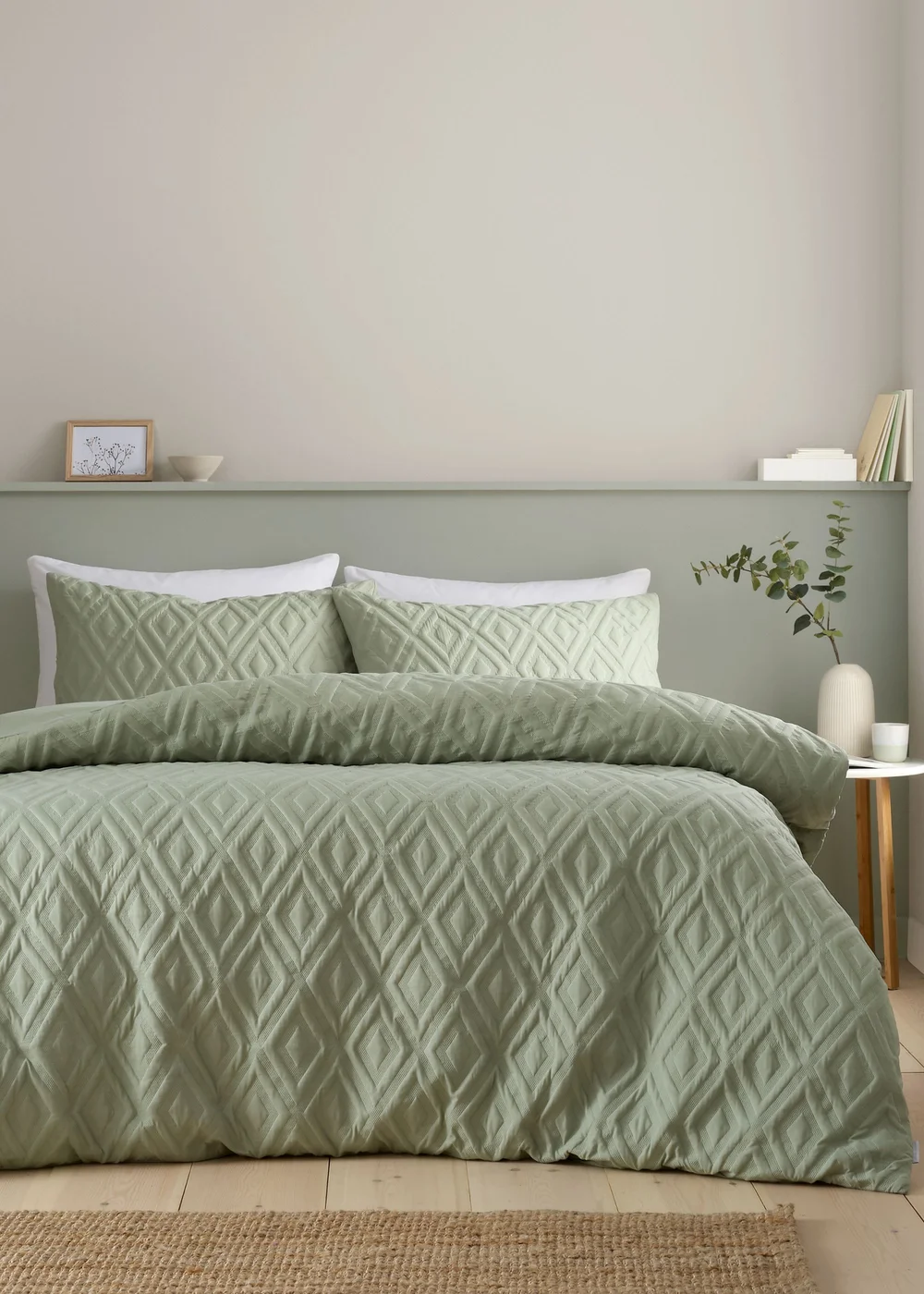 Catherine Lansfield Jacob Geo Soft Touch Double Duvet Cover Set Sage Green - Single Image 1