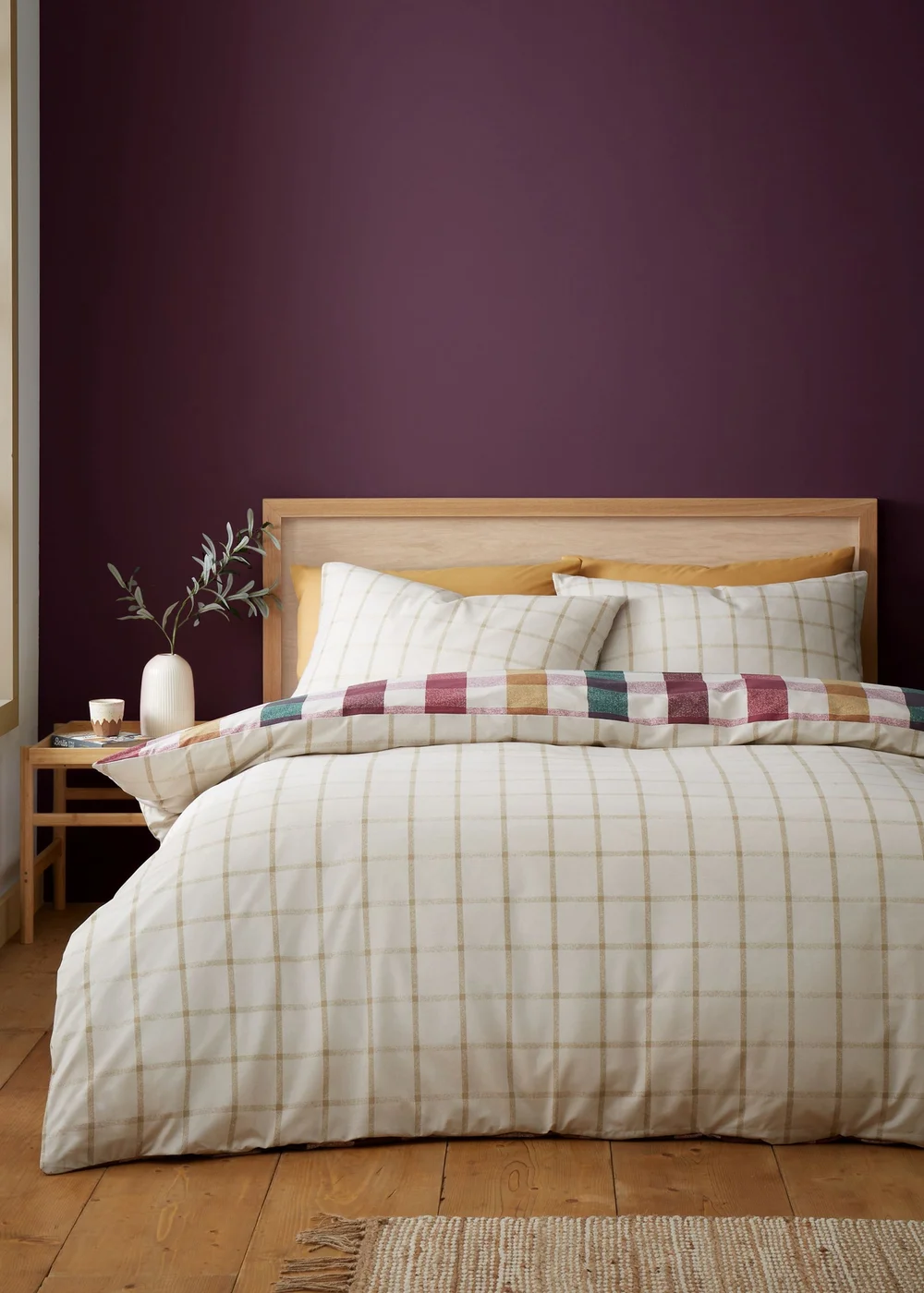 Catherine Lansfield Autumn Check Reversible King Duvet Cover Set Natural Plum - Single Image 2