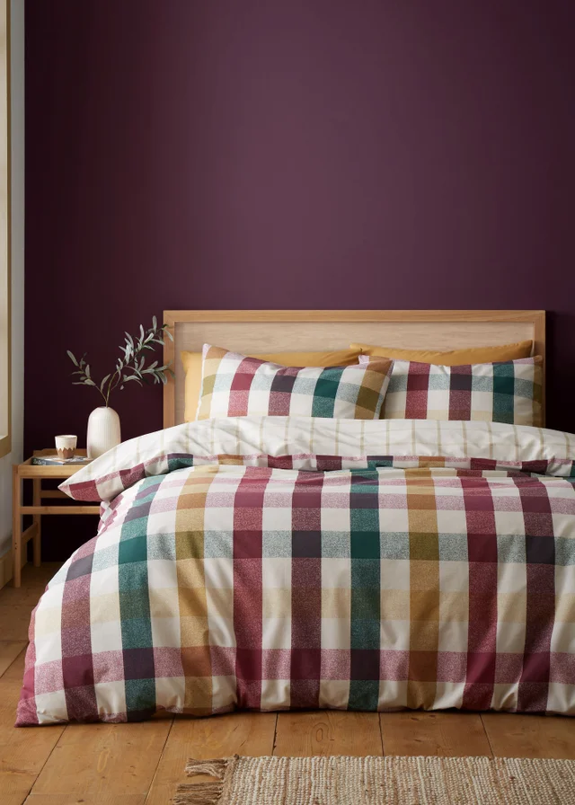 Catherine Lansfield Autumn Check Reversible King Duvet Cover Set Natural Plum