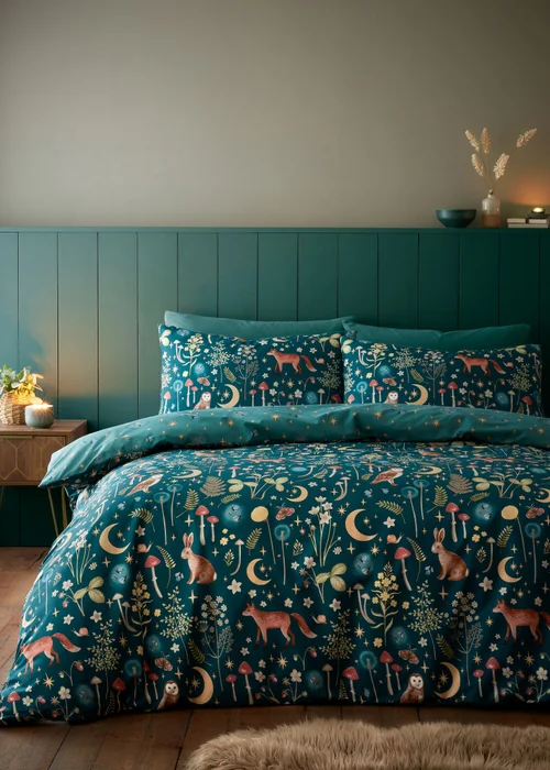 Catherine Lansfield Enchanted Twilight Animals Reversible Duvet Cover Set Forest Green - Single Image 1
