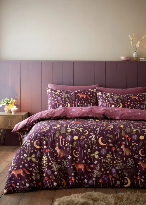 Catherine Lansfield Enchanted Twilight Animals Reversible Duvet Cover Set Plum - Single Image 1
