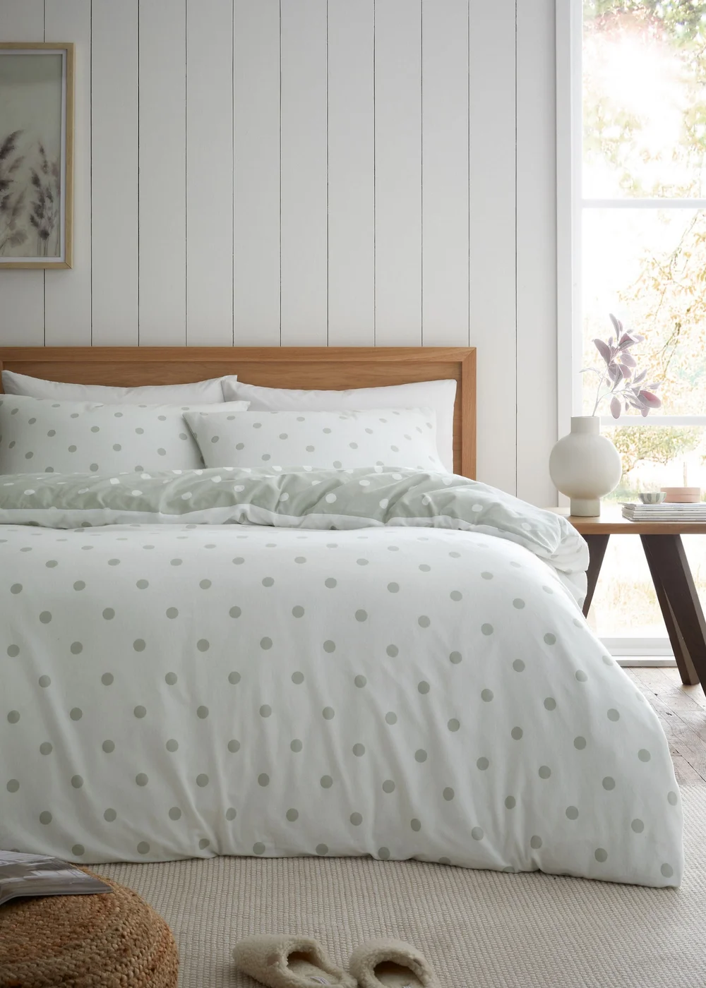 Catherine Lansfield Brushed Polka Dot Cotton Reversible Single Duvet Cover Set Green - Single Image 2