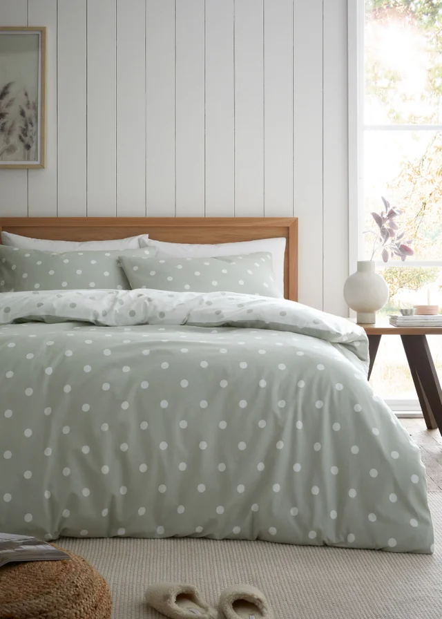 Catherine Lansfield Brushed Polka Dot Cotton Reversible Single Duvet Cover Set Green