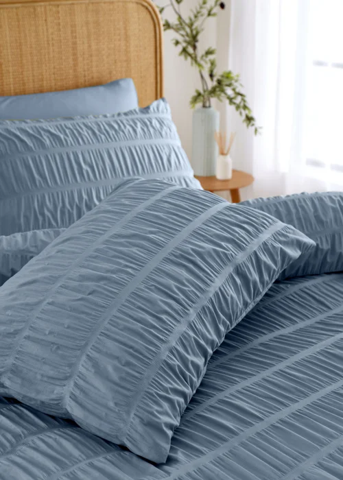 Catherine Lansfield Seersucker Duvet Cover Set Blue - Single Image 2