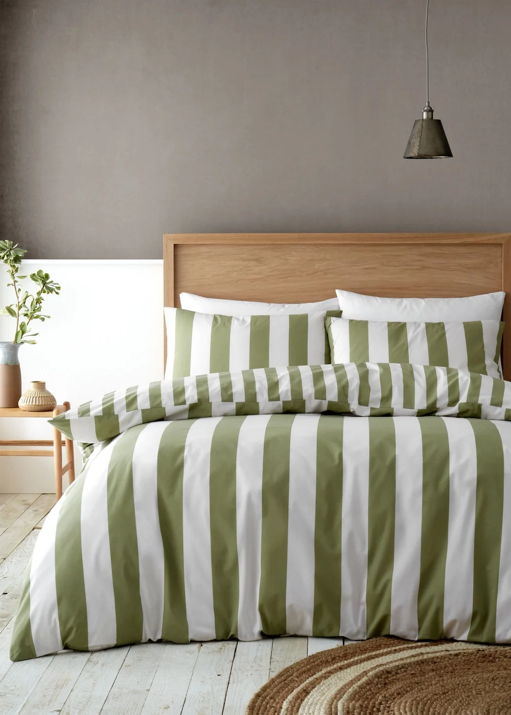 Catherine Lansfield Cove Stripe Reversible Duvet Cover Set Green - Single Image 1