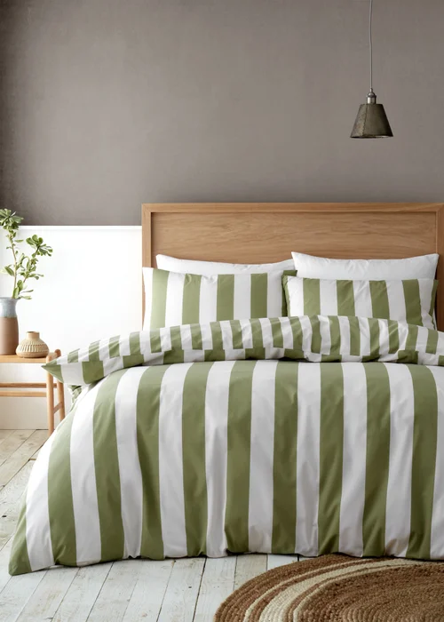 Catherine Lansfield Cove Stripe Reversible Duvet Cover Set Green - Single Image 1