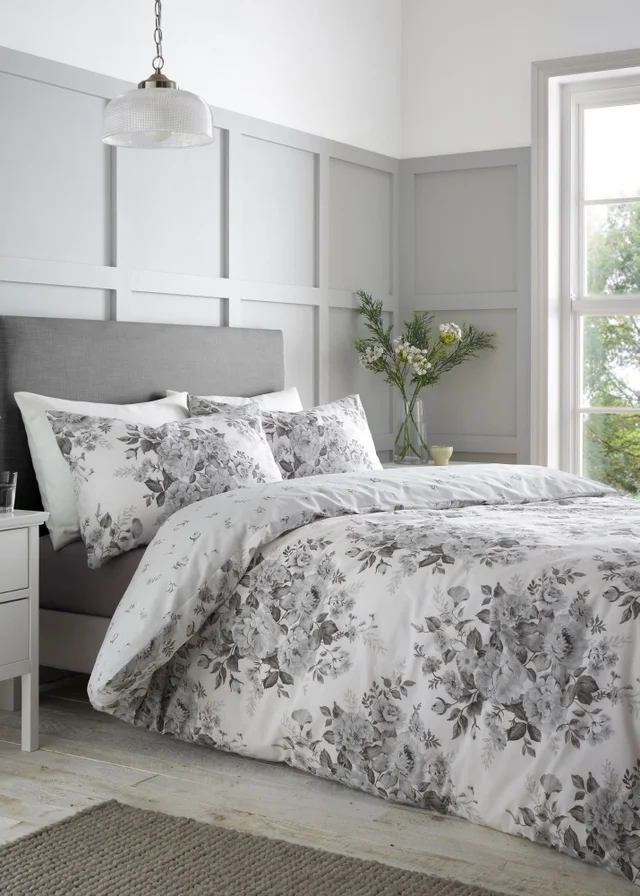 Catherine Lansfield Elinda Floral Reversible Double Duvet Cover Set Grey