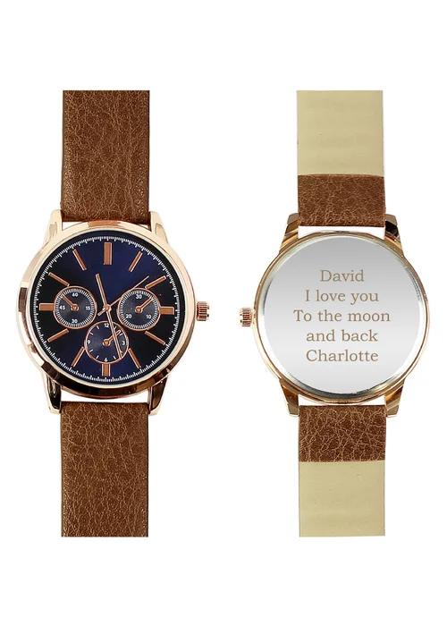 Personalised Memento Company Rose Gold Mens Watch with Brown Strap and Presentation Box - One Size Image 2