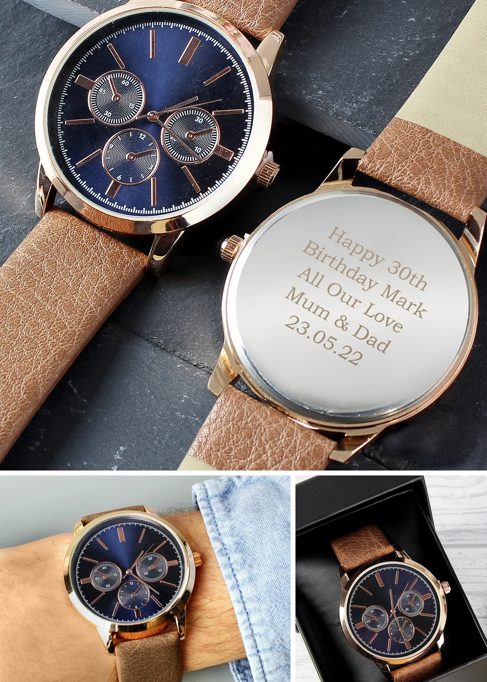 Personalised Memento Company Rose Gold Mens Watch with Brown Strap and Presentation Box - One Size Image 1