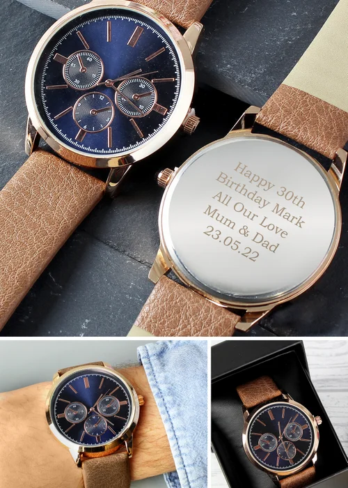 Personalised Memento Company Rose Gold Mens Watch with Brown Strap and Presentation Box - One Size Image 1