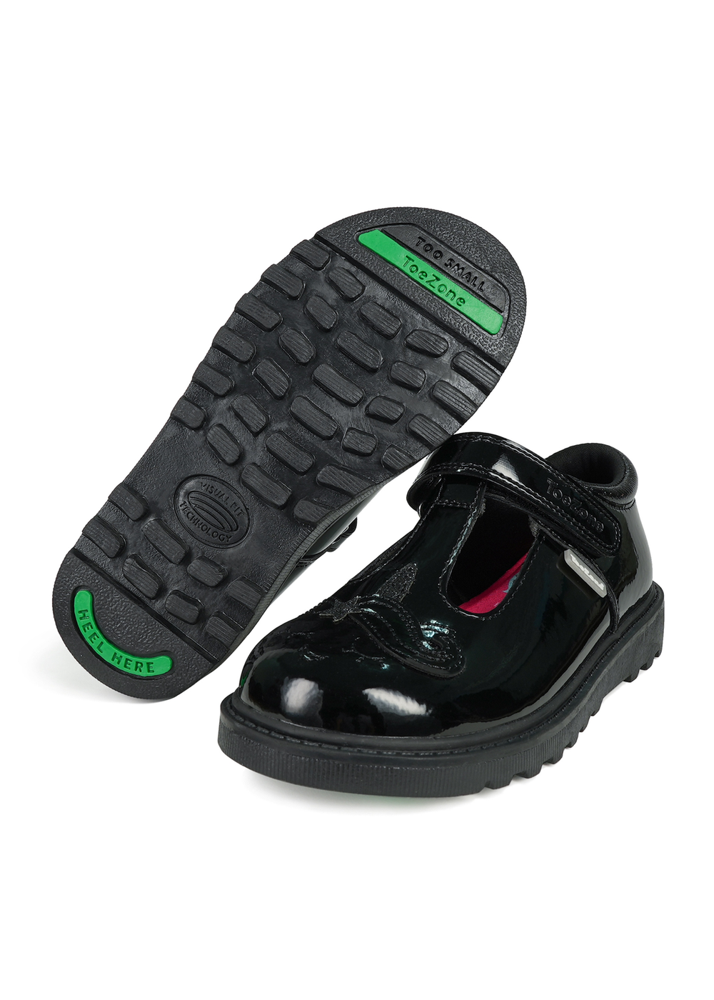 ToeZone Black Ellie Patent Coated Leather Rip Tape Unicorn School Shoe (Younger 8- Older 3) - Size 13 Infants Image 1