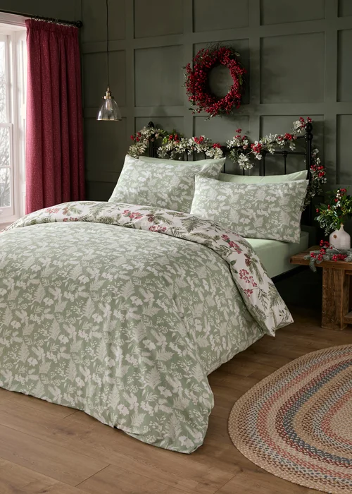 Dreams & Drapes Lodge Winter Sprigs Christmas Green Duvet Cover Set - Single Image 4
