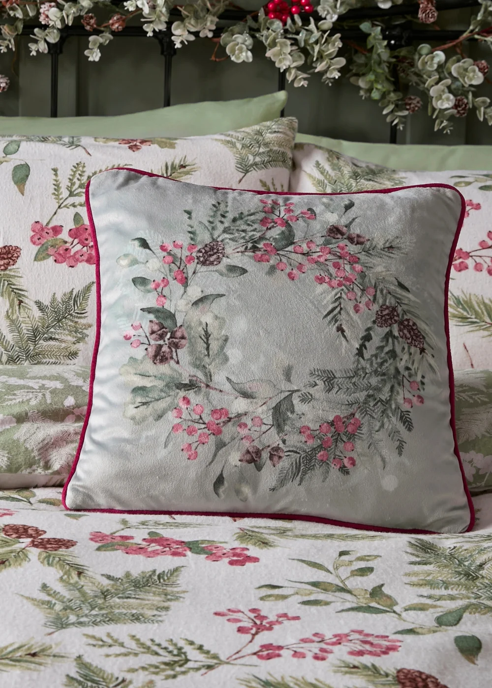 Dreams & Drapes Lodge Winter Sprigs Christmas Green Velvet Filled Cushion (43cm x 43cm) - 43W X 43D Image 4