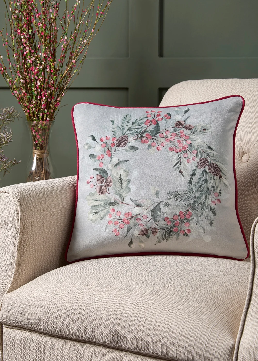 Dreams & Drapes Lodge Winter Sprigs Christmas Green Velvet Filled Cushion (43cm x 43cm) - 43W X 43D Image 1