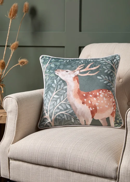 Dreams & Drapes Lodge Forest Animals Christmas Green Filled Cushion (43cm x 43cm) - 43W X 43D Image 1