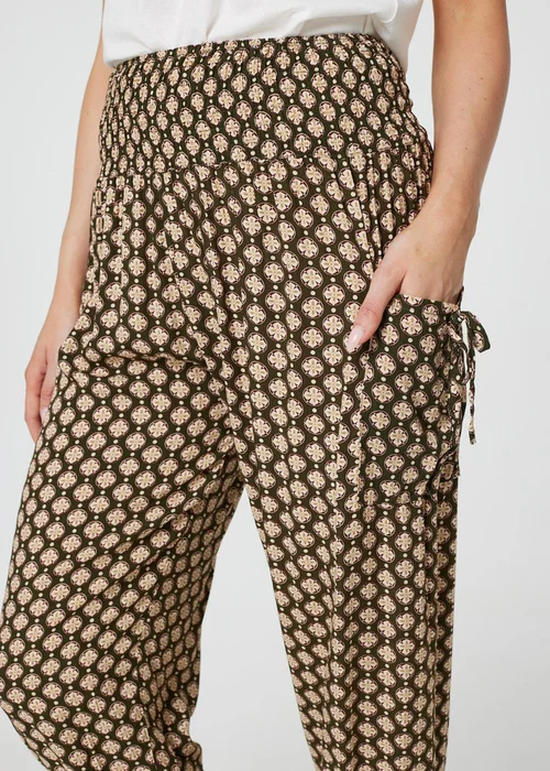 Izabel London Khaki Mosaic Print High Waist Harem Trousers - 18 Image 3