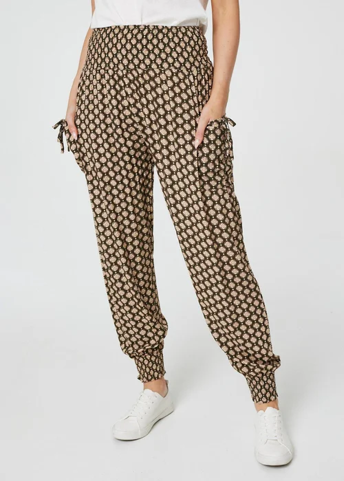 Izabel London Khaki Mosaic Print High Waist Harem Trousers - 18 Image 1