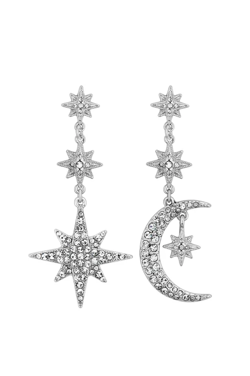 Mood Silver Crystal Moon And Star Statement Drop Earrings - One Size Image 1