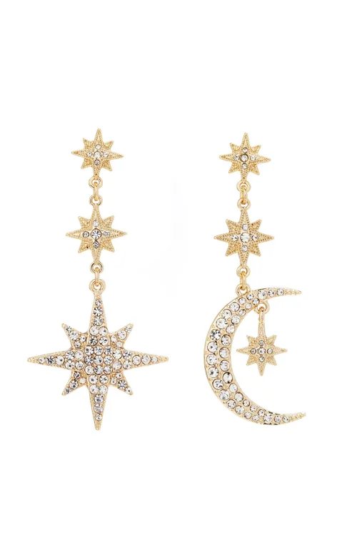 Mood Gold Plated Mix And Match Stars And Moon Drop Earrings - One Size Image 1