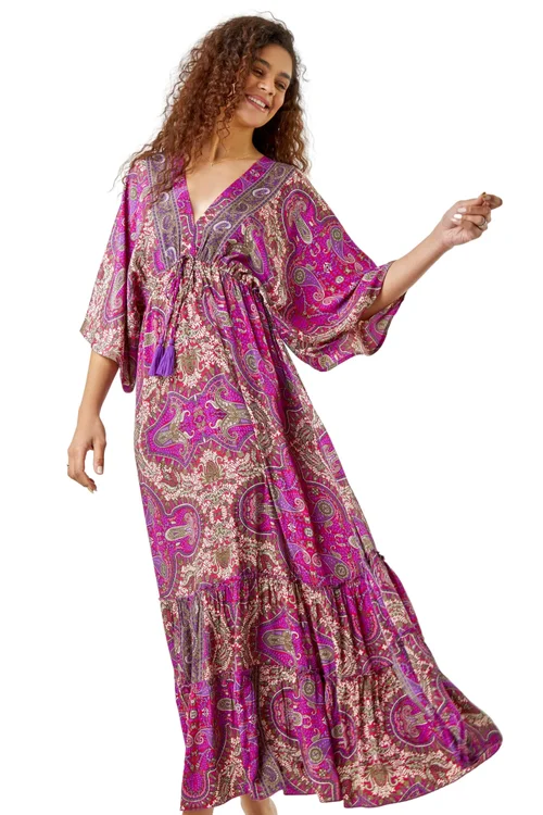 Roman Fuchsia Paisley Print Boho Maxi Dress - Size 16 Image 2