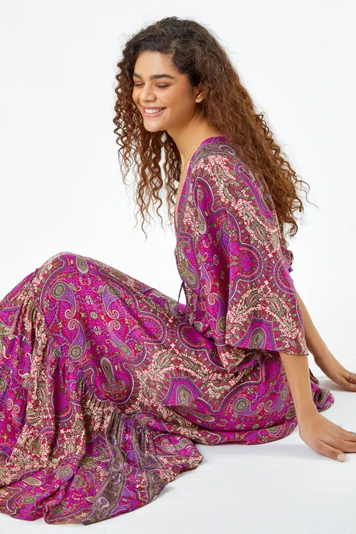 Roman Fuchsia Paisley Print Boho Maxi Dress - Size 16 Image 3