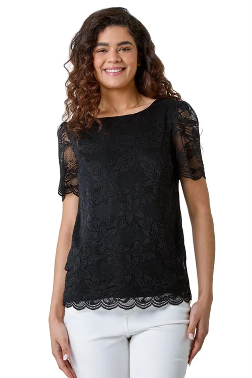 Roman Black Floral Stretch Lace Top - Size 16 Image 1