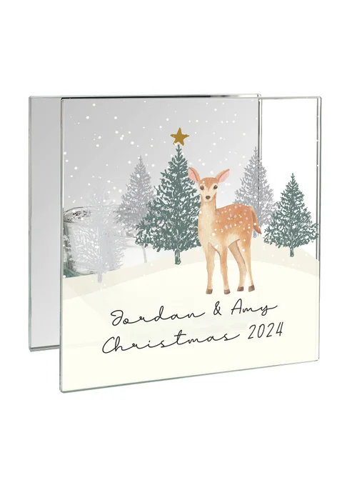 Personalised Memento Company Clear Christmas Deer Glass Tea Light Candle Holder - One Size Image 1