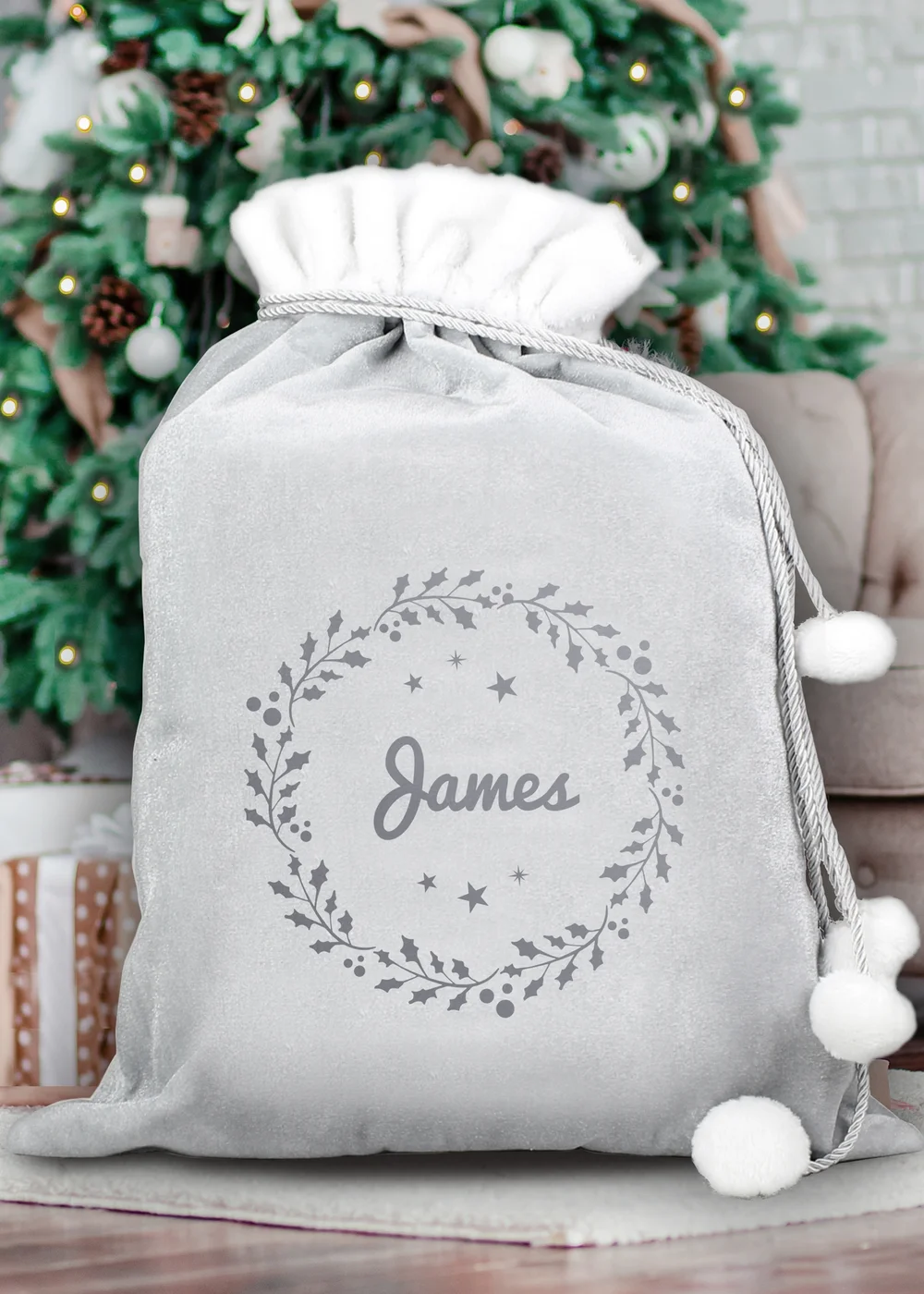 Personalised Memento Company Grey Holly Christmas Sack - One Size Image 3