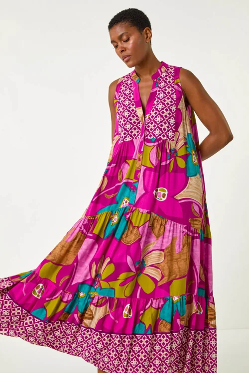 Roman Purple Boho Floral Print Smock Maxi Dress - Size 12 Image 4