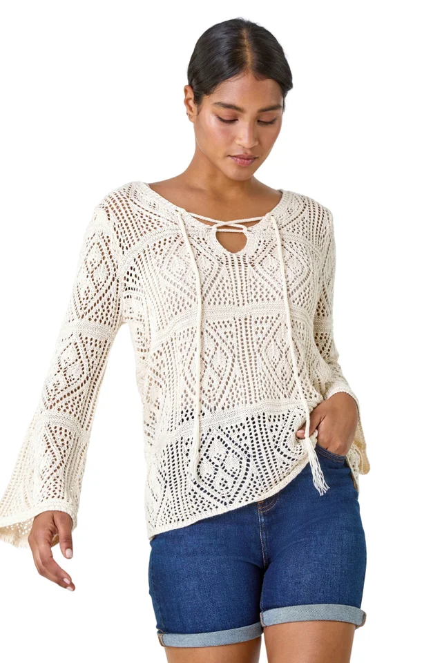 Roman Ivory Crochet Tie Front V-Neck Tunic Top