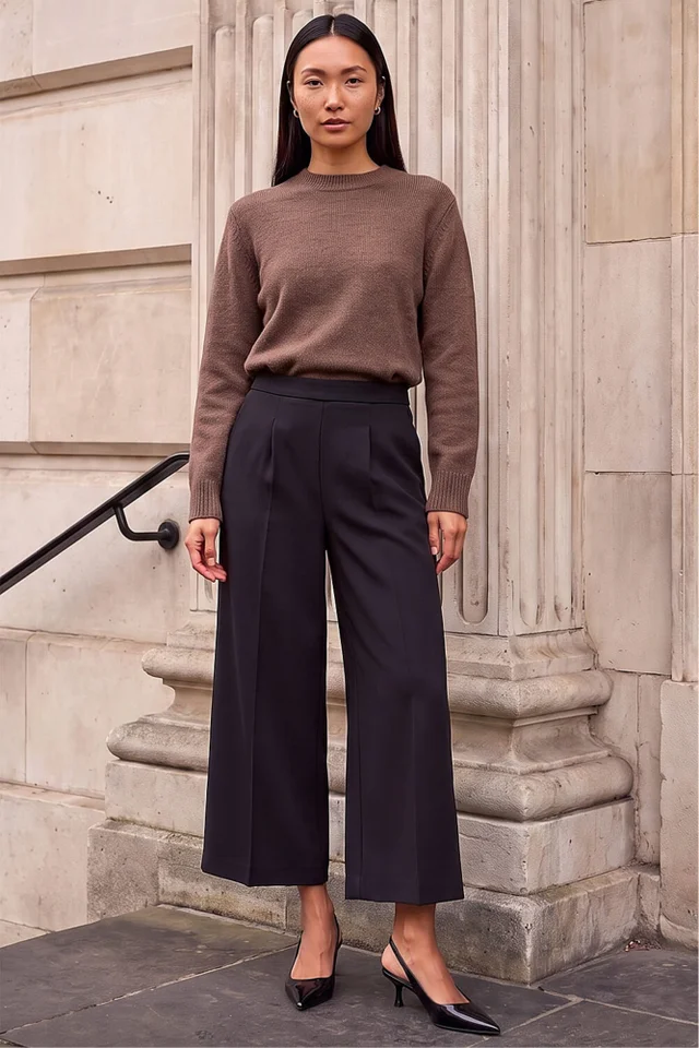 Roman Black Elastic Waist Wide Leg Cropped Culottes