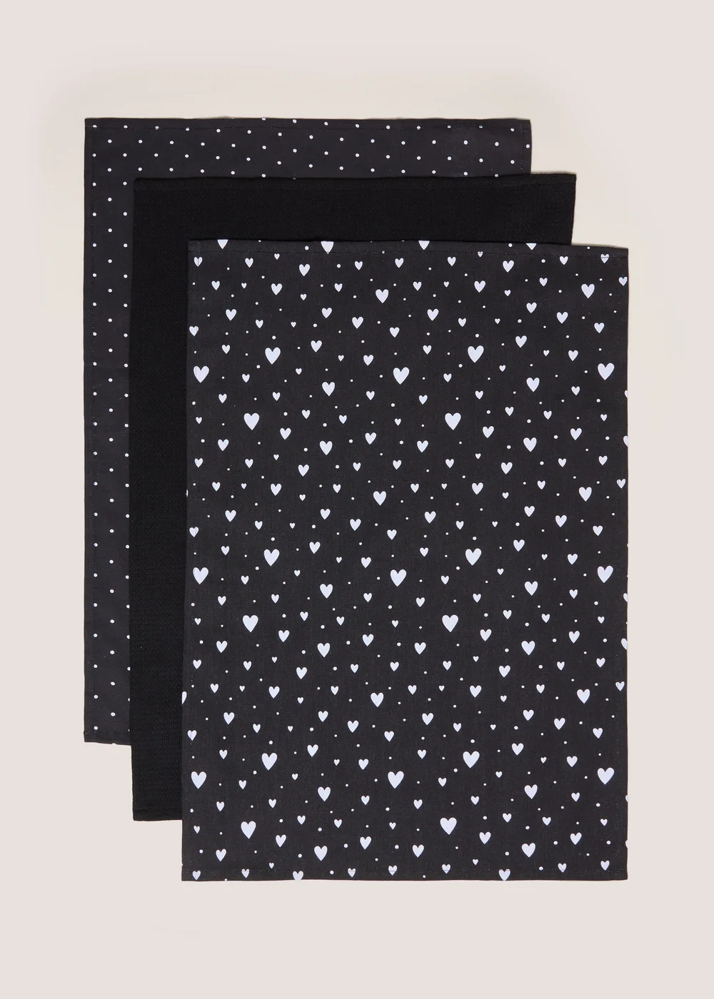 Black & White 3 Pack Heart Print Tea Towel Image 1