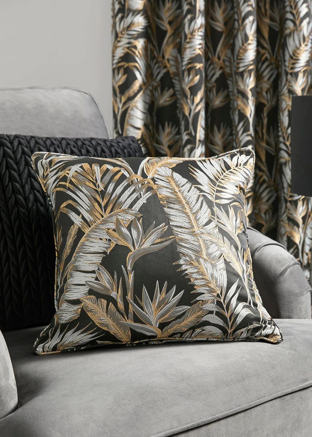 Laurence Llewelyn-Bowen Paradise Palm Jacquard Black Filled Cushion (43cm x 43cm) - 43W X 43D Image 1
